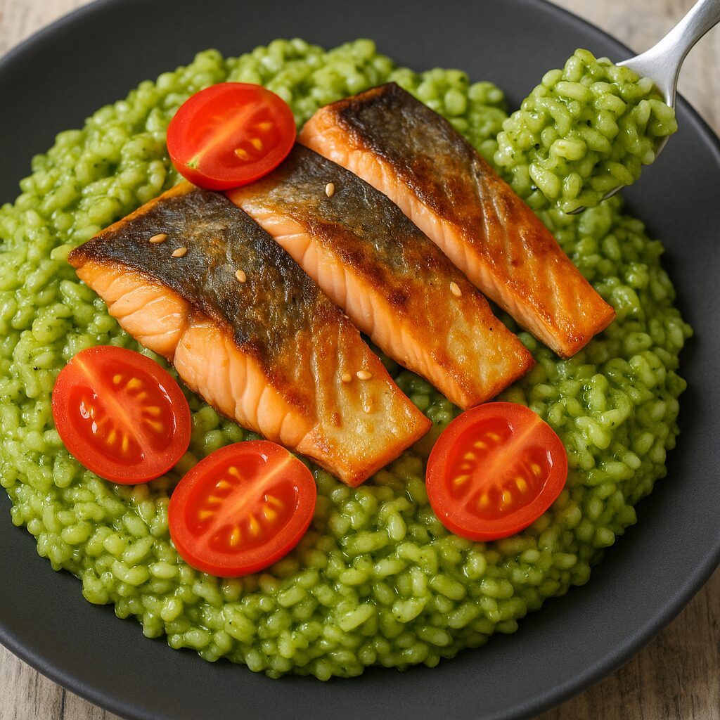 risotto al pesto con trucha